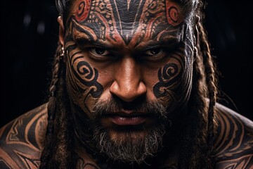 a Maori haka performer from New Zealand, his face intensely painted with tribal patterns - obrazy, fototapety, plakaty