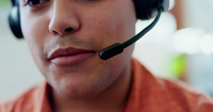 Mouth of man, telemarketing and consulting in call center for customer service, advisory help and CRM questions. Closeup, face and salesman with microphone for communication, telecom support and FAQ