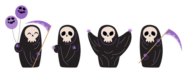 Set of cute Grim reaper . Halloween cartoon characters . Doodle drawing style . Vector.