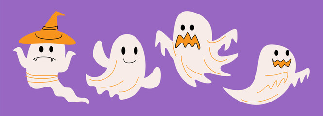 Set of cute Soul . Halloween cartoon characters . Doodle drawing style . Vector.