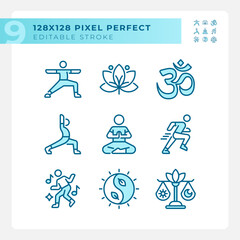 Pixel perfect blue icons representing meditation, editable thin line wellness illustration set.