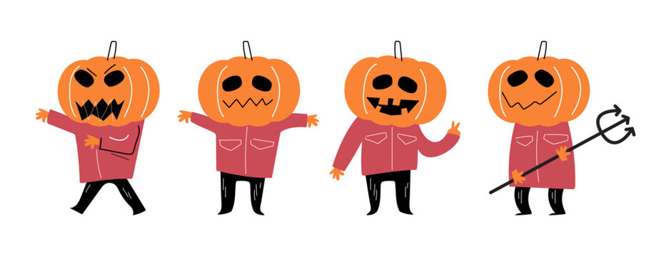 Set of cute Scarecrow with Pumpkin head . Halloween cartoon characters . Doodle drawing style . Vector.