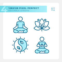2D pixel perfect blue icons set representing meditation, editable thin line wellness illustration.