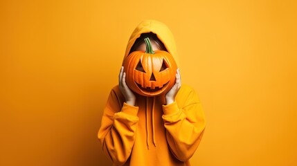Portrait of a woman with pumpkin head. Funny young girl standing isolated on a yellow background, holding a carved orange pumpkin and hiding her face behind it. Halloween concept