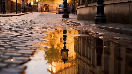 Fototapeta premium Reflecting windows, a puddle transforms the street into an urban canvas.