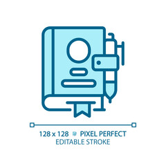 2D pixel perfect editable blue book icon, isolated vector, meditation thin line illustration.