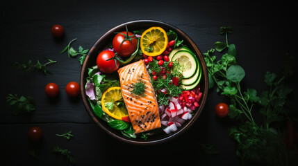 Obraz na płótnie Canvas photo portrait of healthy food bowl including salmon. Generative Ai content
