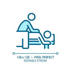 2D pixel perfect editable blue body massage icon, isolated vector, meditation thin line illustration.