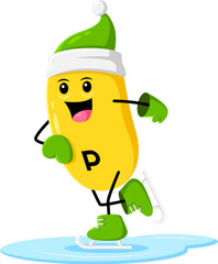 Cartoon Christmas vitamin P character in green hat, joyfully skiing on the ice rink. Isolated vector cheerful Rutin capsule personage enjoying Xmas vacation activities and outdoor fun