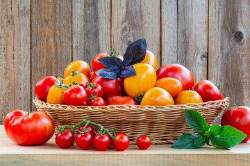 Fresh ripe tomatoes in a wicker basket on a wooden table