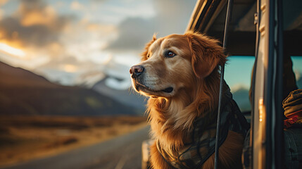 A golden retriever dog peers out from the top of the van. - obrazy, fototapety, plakaty