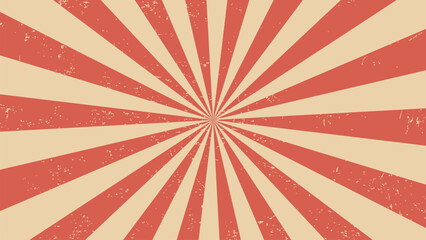 Circus background and spiral retro ray. Carnival vintage sunbeam burst layout. Vector grunge scratched backdrop with colorful muted red and beige radiating stripes creating hypnotic effect