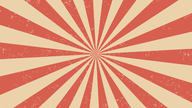 Circus background and spiral retro ray. Carnival vintage sunbeam burst layout. Vector grunge scratched backdrop with colorful muted red and beige radiating stripes creating hypnotic effect