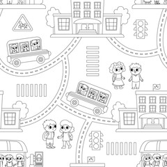 Vector black and white transportation seamless pattern with children. Funny school bus repeating background with driver, little schoolchildren, bus stop, building for kids. Cute coloring page.