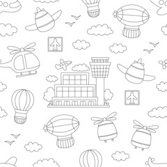 Vector black and white air transport seamless pattern. Funny line transportation repeating background with plane, zeppelin, helicopter, airport for kids. Cute airborne vehicles coloring page.