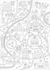 City black and white transport map. Line background with railway, roads, traffic signs for kids. Vector infographic elements with train, cars, tram, truck. Urban coloring page with airport, seaport.