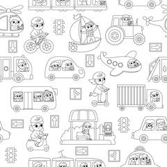 Vector black and white transportation seamless pattern with children. Funny line water, land, air transport repeat background with drivers for kids. Cars and vehicles coloring page.