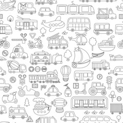Vector black and white transportation seamless pattern. Funny line water, land, air underground transport repeat background for kids. Cars and vehicles digital paper. Cute coloring page.