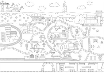 City black and white map without transport. Line background with roads, railway, underground. Vector infographics. Urban coloring page with airport, metro, buildings, seaport, station for kids.