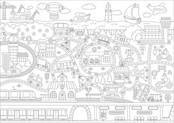 City black and white transport map. Line background with land, underground, water and air transport. Vector infographics with train, car, tram, truck. Urban coloring page with airport, metro for kids
