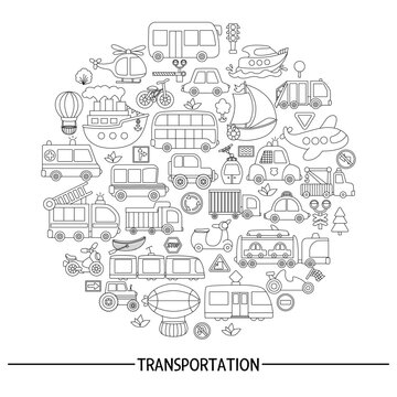 Vector black and white transportation round frame with bus, car, boat, truck. Line card template design with transport for invitations. Cute road way illustration, coloring page with bike, plane