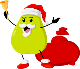 Cartoon cheerful Christmas holiday green pear fruit character rings a bell. Isolated vector garden fruit personage wear Santa Claus hat and gifts bag joyfully knolling, celebrating Xmas holiday cheer