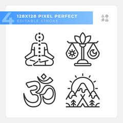 2D black icons set representing meditation, editable thin linear wellness illustration.