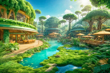 Obraz premium wild background forest illustration with cartoon trees Boat Train Castle amp jungle scenery nature drawing fantasy