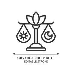 2D pixel perfect editable black day and night balance icon, isolated vector, meditation thin line illustration.
