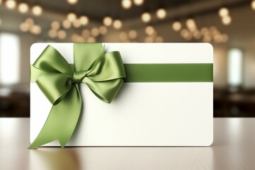 Solitary white backdrop showcases gift card, featuring delicate green ribbon bow. Generative AI