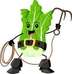 Cartoon chinese cabbage pirate and corsair vegetable character. Isolated vector playful raw farm veggies personage with a mischievous grin, wielding a grappling hook, ready for an adventurous voyage
