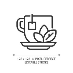 2D pixel perfect editable black herbal tea icon, isolated vector, thin line illustration.