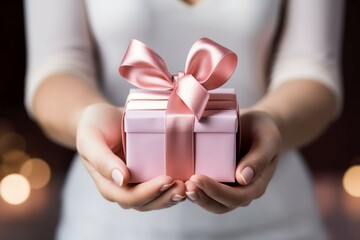 Tender moment: Close-up of hands holding small gift, pink ribbon. Indoor setting. Generative AI