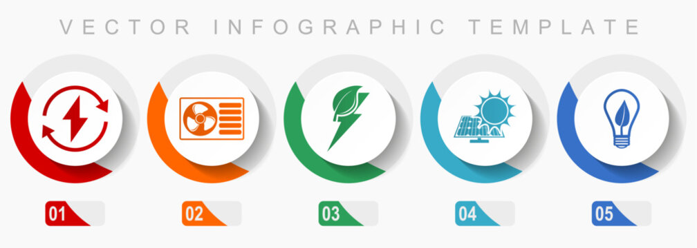 Renewable energy icon set, miscellaneous icons such as heat pump, green power and solar energy, flat design vector infographic template, web buttons in 5 color options