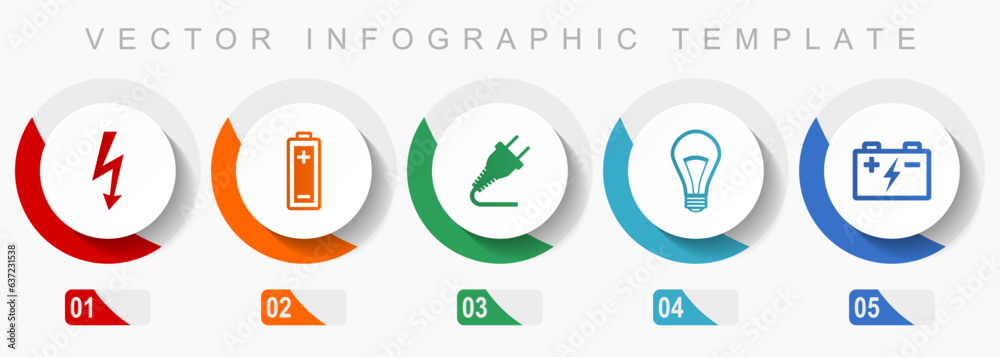 Poster power and energy icon set, miscellaneous icons such as bolt, battery, plug and light bulb, flat desi