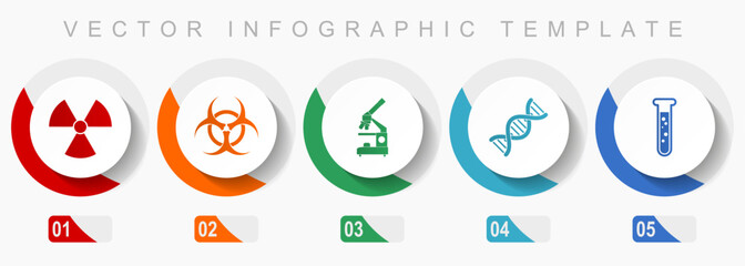 Science icon set, miscellaneous icons such as radiation, biohazard, microscope, dna and test tube, flat design vector infographic template, web buttons in 5 color options