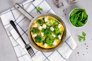 Omelette with Broccoli and Feta Cheese in a Skillet Pan, Baked Omelet