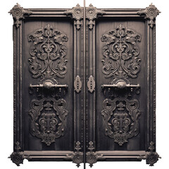 Low angle ornate wooden door in black and white