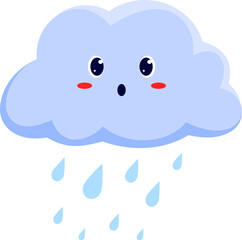 Rainy weather sign, cloud with falling rain drops, funny cartoon character weather forecast personage. Vector nasty heavy rain, cute emoticon