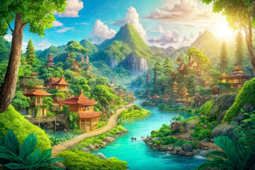 Fototapeta na wymiar wild background forest illustration with cartoon trees Boat Train Castle amp jungle scenery nature drawing fantasy