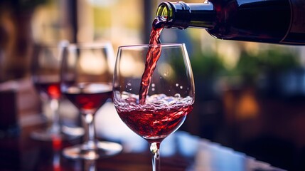 ワインを注ぐシーン、ワイングラスに赤ワインをつぐ光景