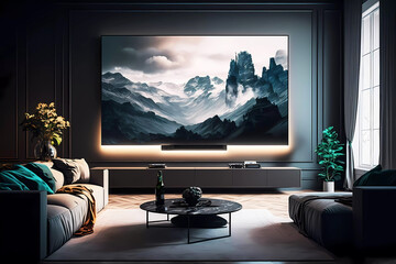 Fototapeta premium Big tv screen on the wall in modern interior room. Generative ai design concept.