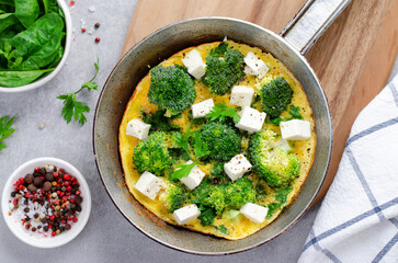 Omelette with Broccoli and Feta Cheese in a Skillet Pan, Baked Omelet
