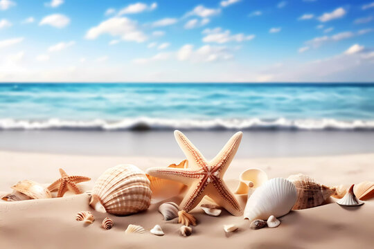 Summer beach background with shells. Generative ai design.