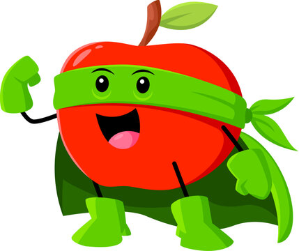 Cartoon red apple fruit superhero defender character. Vector funny super hero vigilante in mask and green cloak smiling and posing. Isolated fairytale plant comics book personage for kids menu or game