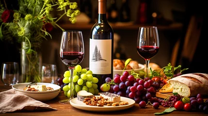 Rolgordijnen ワインとぶどう、赤ワインとブドウなどのご馳走が置かれたテーブル © tota