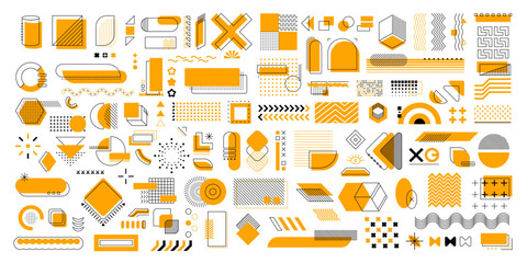 Fototapeta na wymiar Memphis geometric shapes, vector collection of art and design elements featuring simple, clean lines and patterns. Yellow colored thin line art details representing modern and minimalistic aesthetics