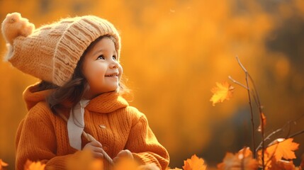 紅葉と子供、秋のオレンジ色の自然を楽しむ女の子 - obrazy, fototapety, plakaty