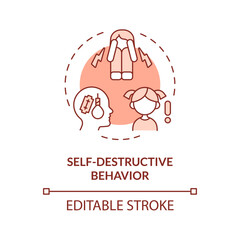 2D editable self destructive behavior red thin line icon concept, isolated vector, monochromatic illustration representing behavioral therapy.