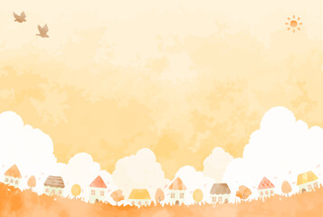 可愛い手描きの秋の町並みイラスト